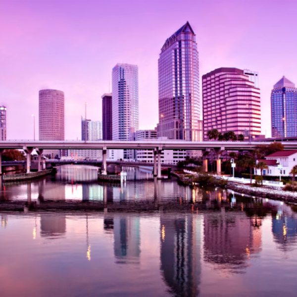 Beautiful pink sunrise and reflections in downtown Tampa, Florida
